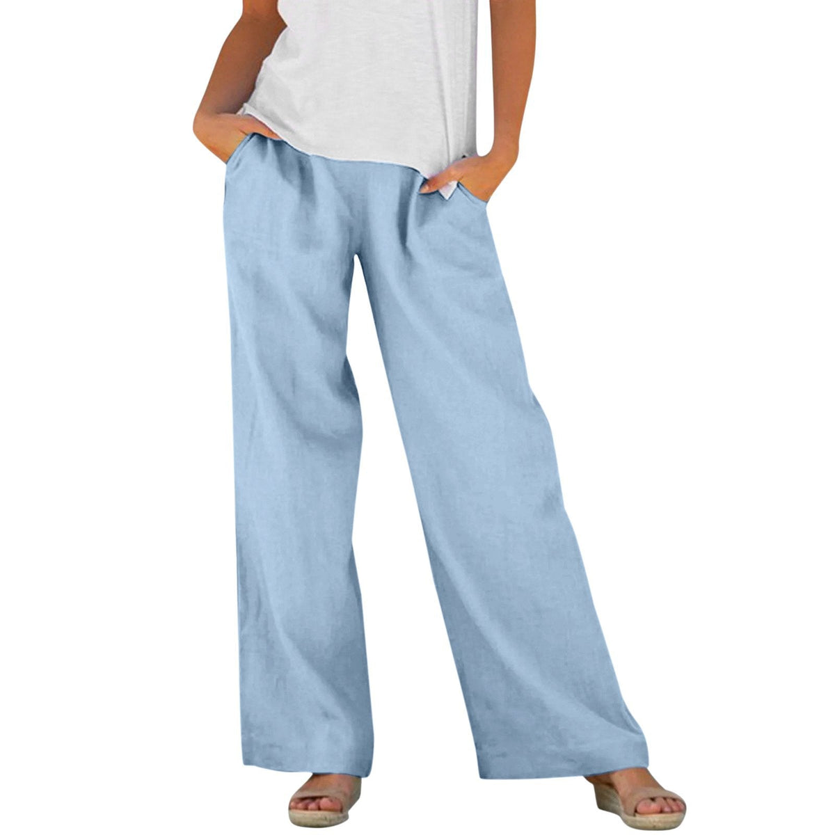 Solid-color Loose-fitting Elastic-waist Wide-leg Casual Pants