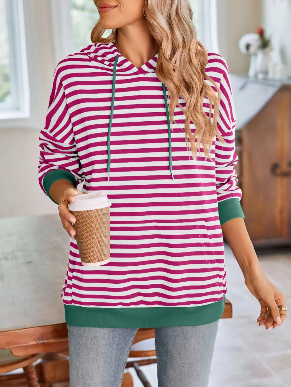Loose casual striped hooded sweatshirt