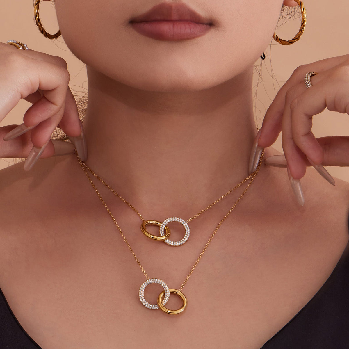 Minimalist Fashion Double-ring Zircon-inlaid Bracelet Necklace