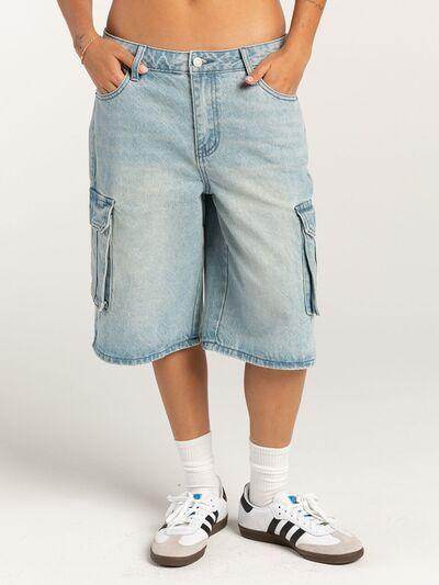 Mid-Rise Waist Denim Shorts with Pockets for Women