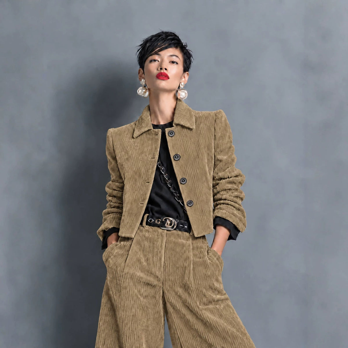 Corduroy Cropped Jacket And Wide-leg Pants Set
