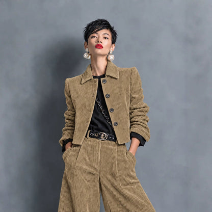Corduroy Cropped Jacket And Wide-leg Pants Set