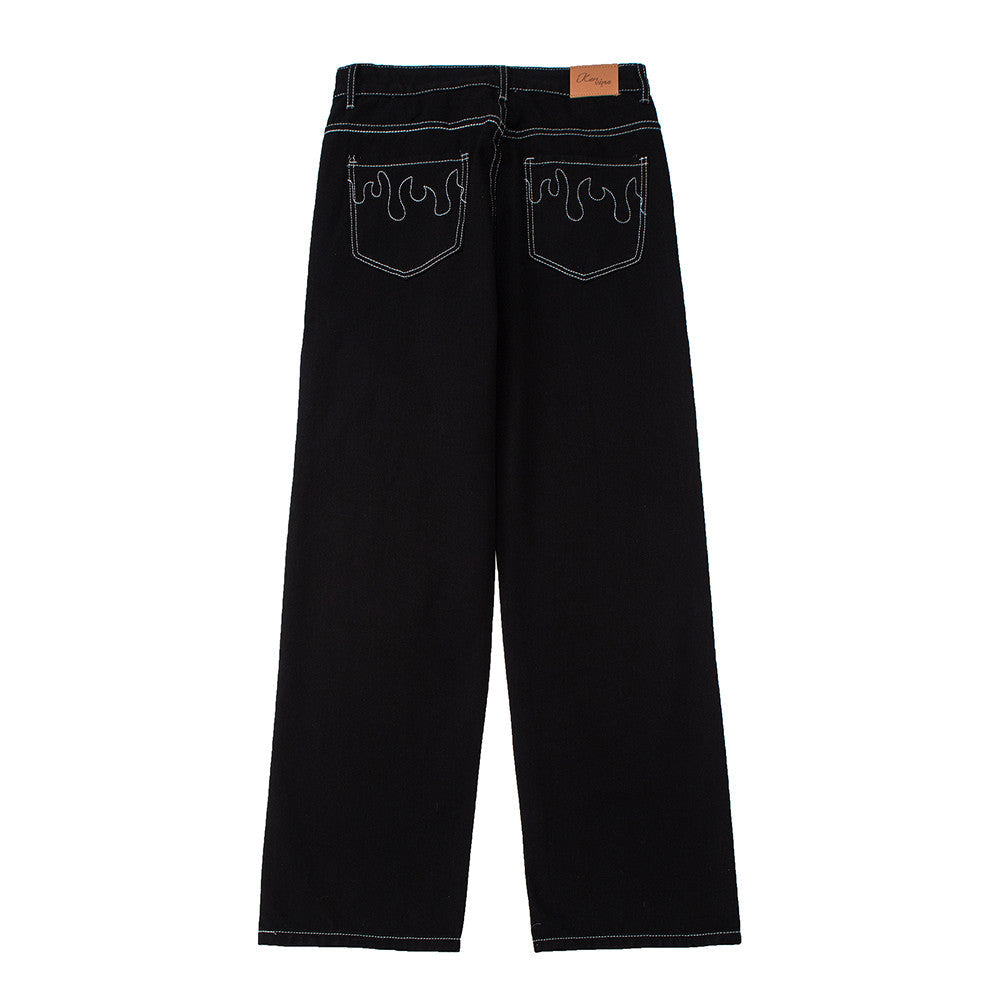 Flame Embroidery Casual Jeans Men