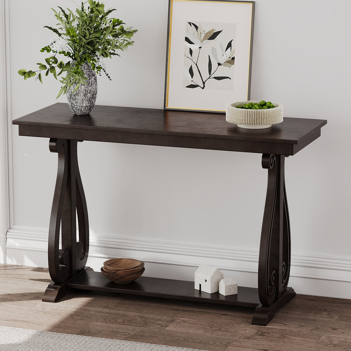48-Inch Rustic Vintage Console Table --- Farmhouse Style Entryway Table with Open Shelf and Sturdy Construction  (Espresso)