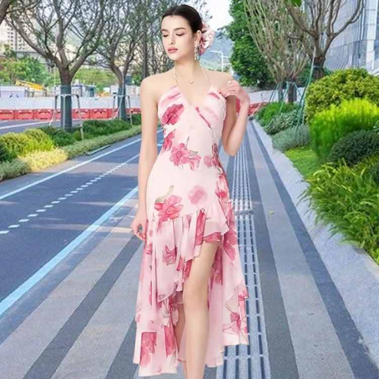 Womens Chic Seaside Vacation-style Printed Halter-neck Dress