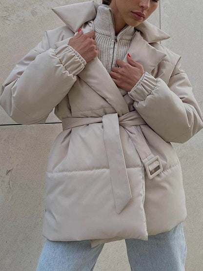 Puffer Long Sleeve Winter Coat with Belt for Women