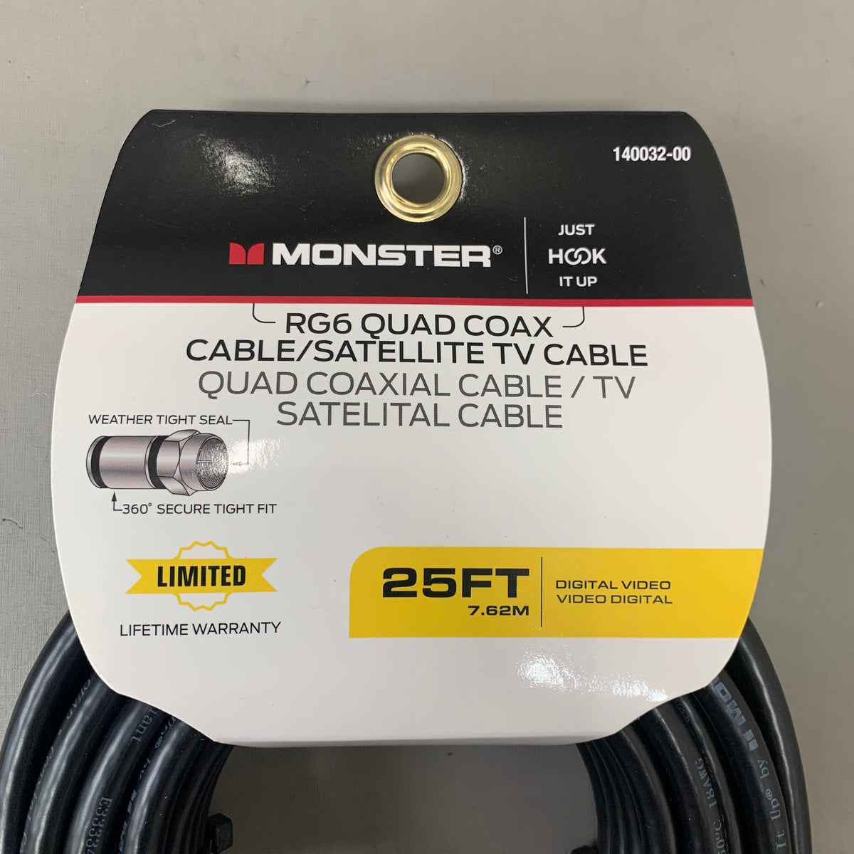 MONSTER RG6 Quad Coax Satellite Tv Cable 25ft Black 140032-00