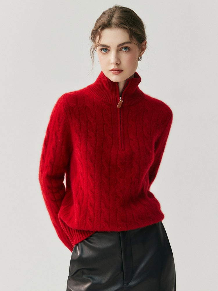 Half-Zip Cable-Knit High-Neck Goat Cashmere Sweater