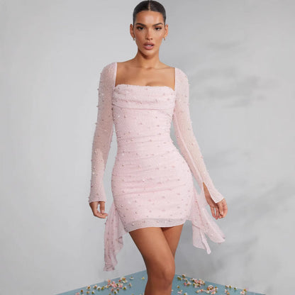 Womens Solid-color Sequined Beaded Square-neckline Waist-cinching Dress