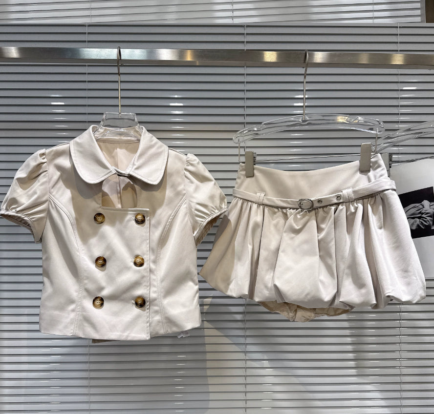 Arrival Sweet Retro-Style Double-Breasted Puff-Sleeve Top And Bloomer Skirt Set For Women