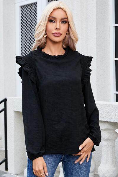 Frill Mock Neck Ruffled Balloon Sleeve Blouse for Women