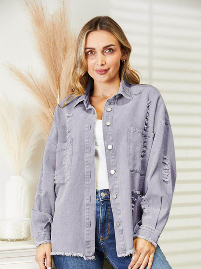 Distressed Raw Hem Denim Jacket for Relaxed Fit Style