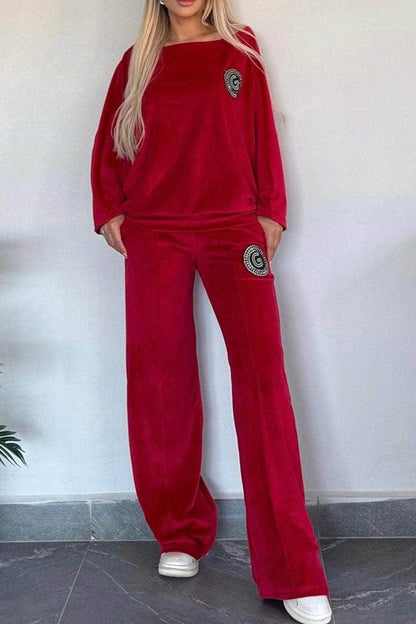 Full Size Boat Neck Long Sleeve Top and Pants Set Outfit