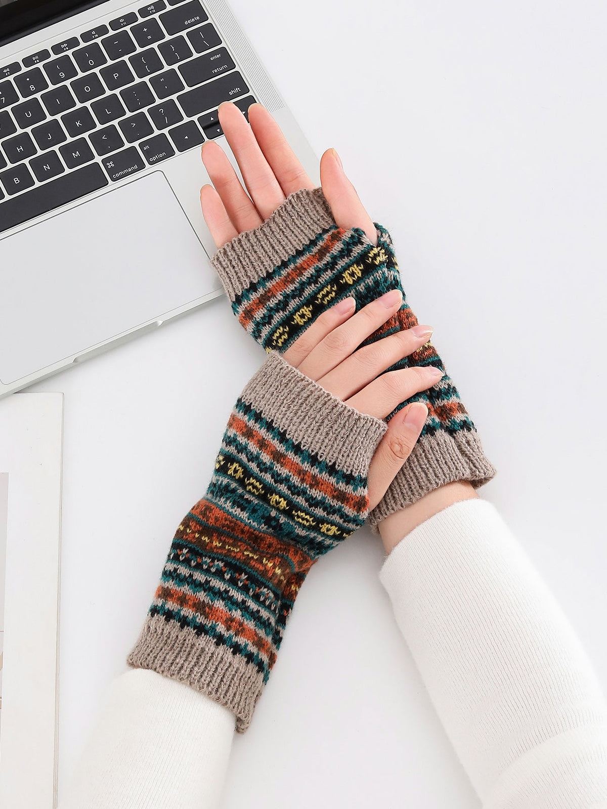 Boho Short Knit Fingerless Thermal Gloves Arm Warmer