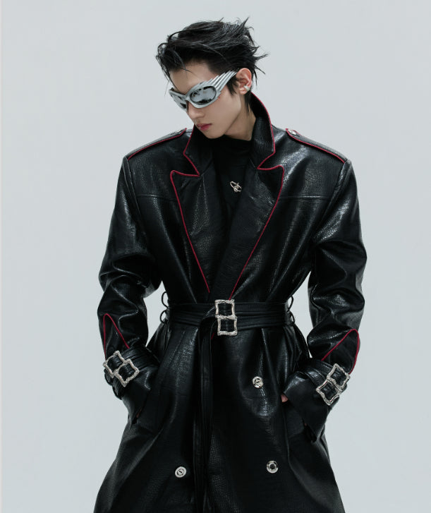 Wide Shoulder Fur Metal Belt Waist Long-cut Coat
