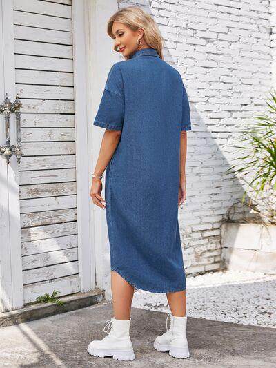 Button Up Dropped Shoulder Denim Dress for Casual Style