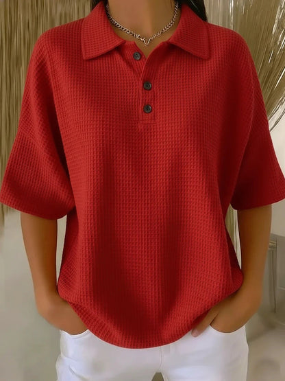 Cross-Border  Foreign Trade Fashion Waffle Short-Sleeved T-Shirt Solid Color Button T-Shirt Polo Collar Pullover Loose Top