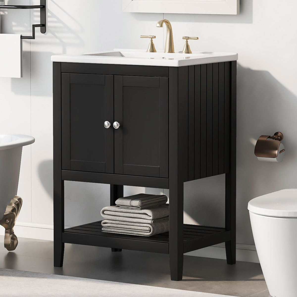 24" Black Modern Sleek Bathroom Vanity Elegant Ceramic Sink with Solid Wood Frame Open Style Shelf