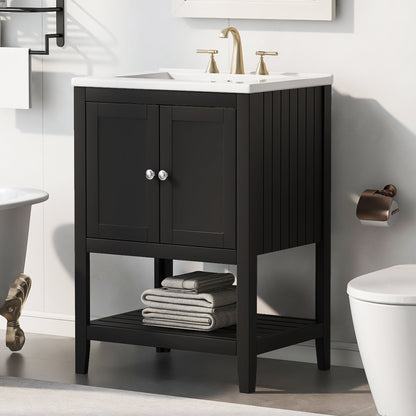 24" Black Modern Sleek Bathroom Vanity Elegant Ceramic Sink with Solid Wood Frame Open Style Shelf