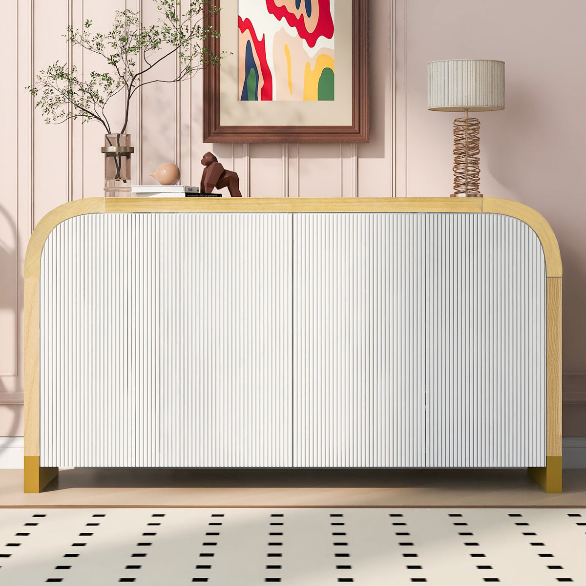U-STYLE four door curved corner design wavy door panel cabinet with adjustable shelves
