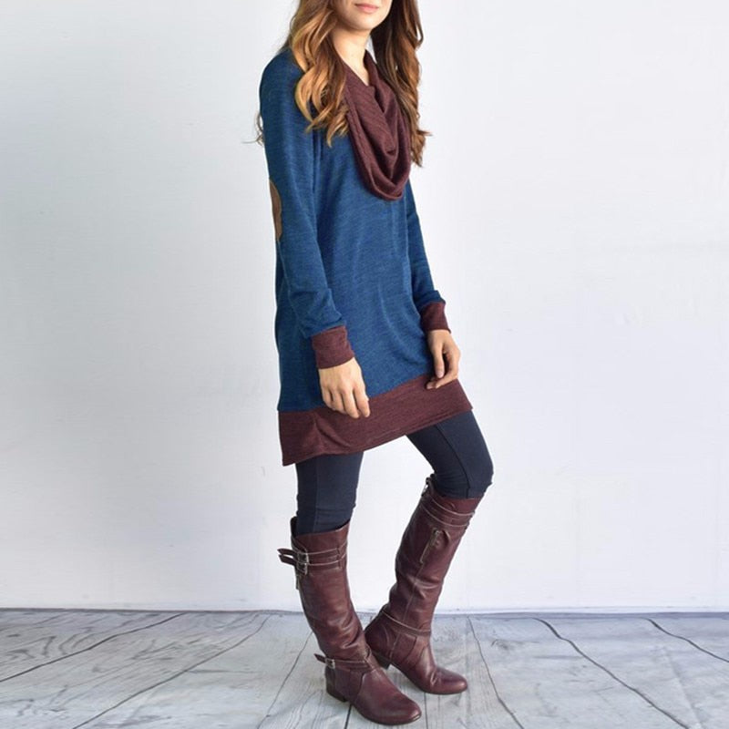 New Women Long Sleeve Patchwork Pullover Elbow Patches Cowl Neck Femme Long Tops Casual Spring Autumn Blouse Shirts Thin