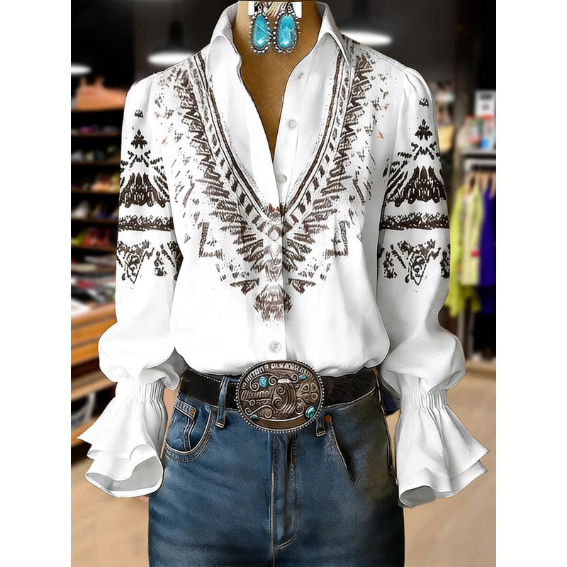 Women's Lace-trimmed Long-sleeve Collared Blouse