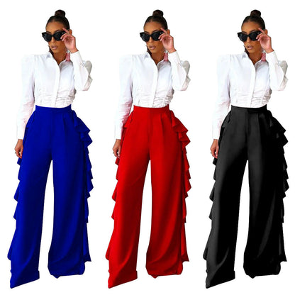 Ruffle Trimmed High-waisted Wide-leg Pants