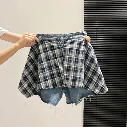 Plaid Patchwork Denim Shorts For Women