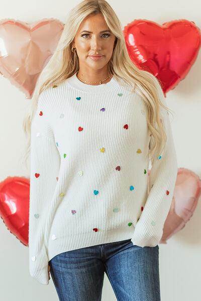 Heart Sequin Round Neck Long Sleeve Sweater for Women