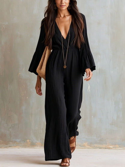 Bohemian-style V-neck Loose-fit Wide-leg Jumpsuit