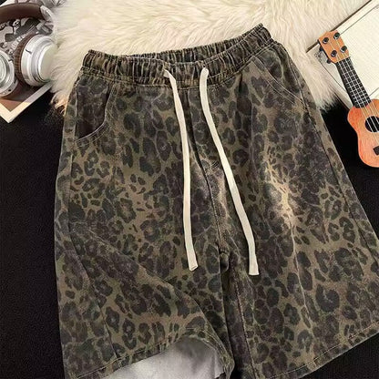 Men's Casual Leopard-print Elastic-waist Shorts