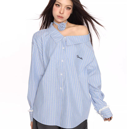 Blue Striped Shoulder Slimming Shirt Women's Long-sleeved Top