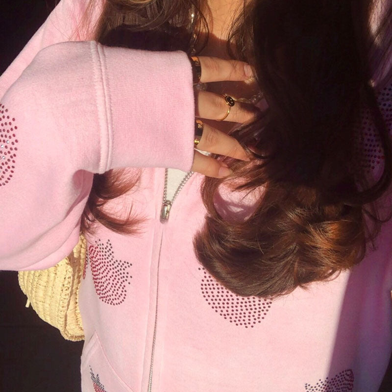 Women's Loose Strawberry Pattern Rhinestone Zipper Hoodie Coat