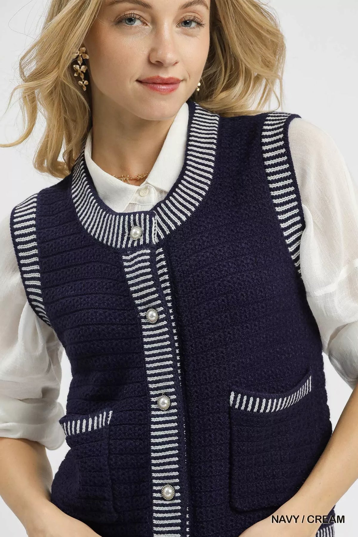 Umgee Contrast Striped Trim Button-Down Sweater Vest