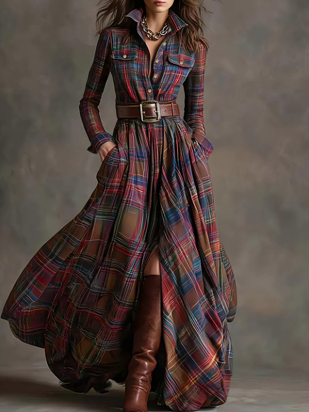 Plaid Button Front Maxi Shirt Dress