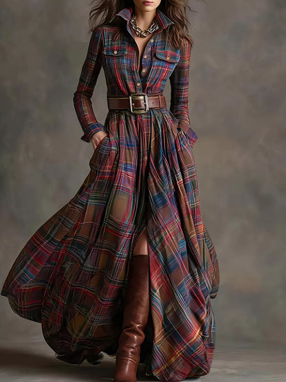 Plaid Button Front Maxi Shirt Dress
