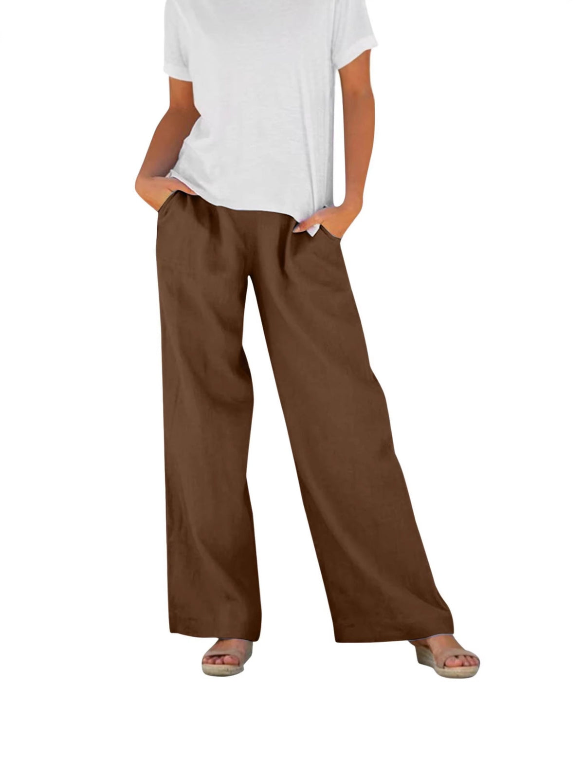 Solid-color Loose-fitting Elastic-waist Wide-leg Casual Pants
