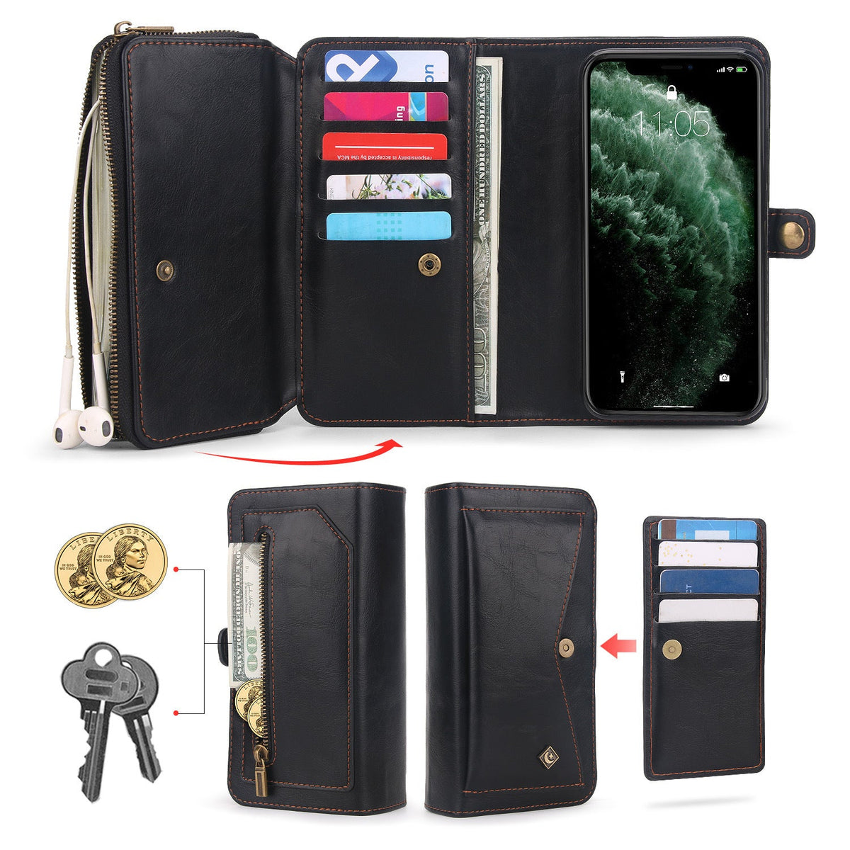 Compatible with Apple , Multifunctional Three-Fold Zipper Wallet Magnetic Case