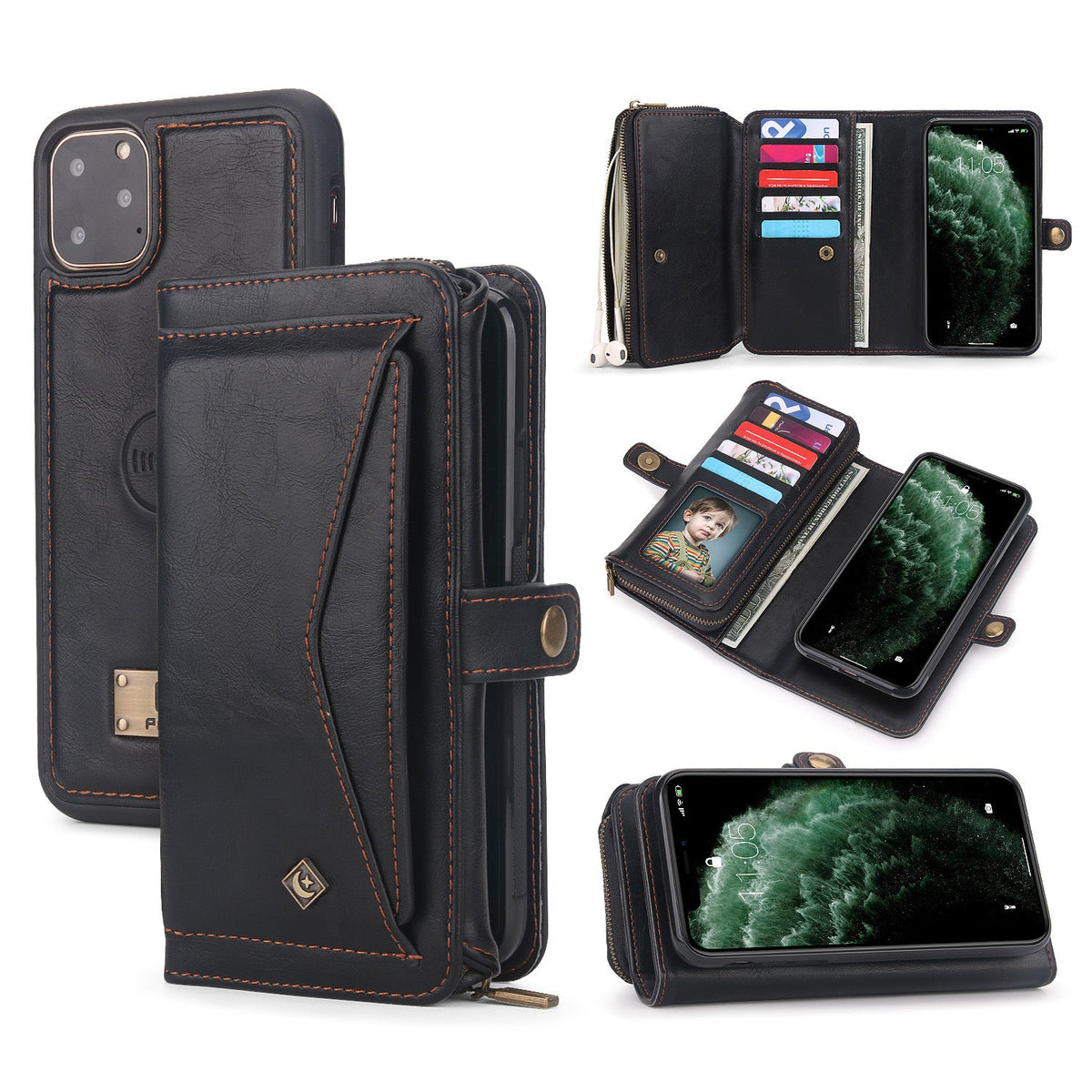 Compatible with Apple , Multifunctional Three-Fold Zipper Wallet Magnetic Case
