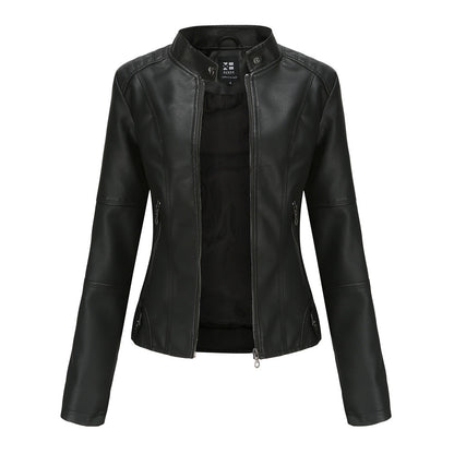 Women's Zip-up Leather Jackets Fashion Solid Color Pockets Stand Collar Top Outwear Clothing
