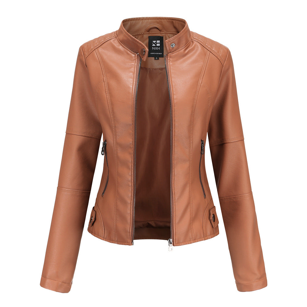 Women's Zip-up Leather Jackets Fashion Solid Color Pockets Stand Collar Top Outwear Clothing