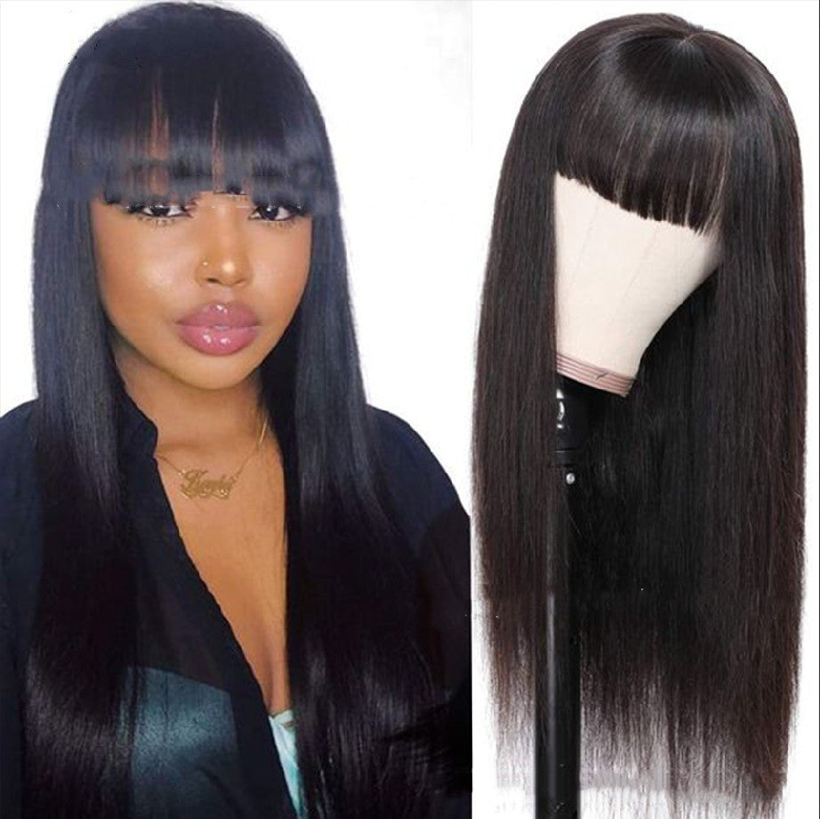Black Long Straight Wig with Qi Bangs