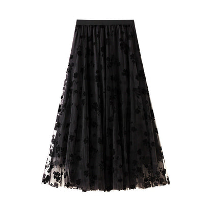 Thin Drape Pleated Skirt Flocking Mesh Skirt Women