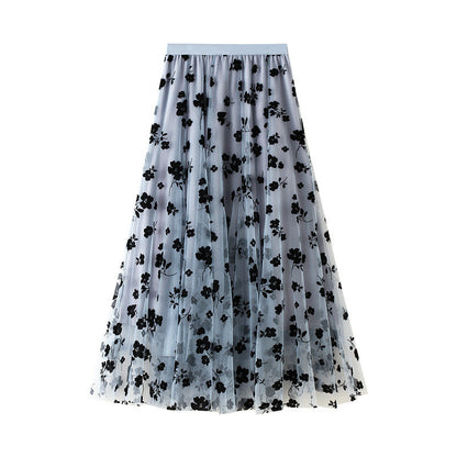 Thin Drape Pleated Skirt Flocking Mesh Skirt Women