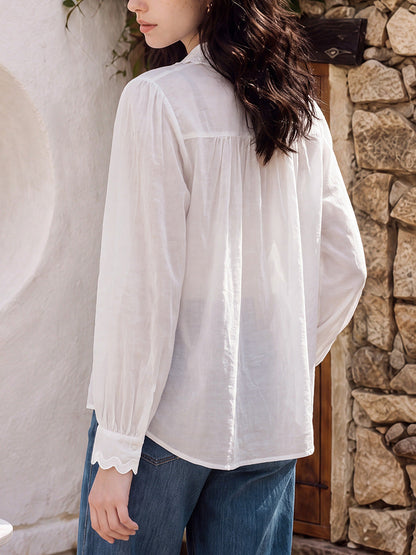 Scalloped Floral Embroidery Long Sleeve Cotton Blouse