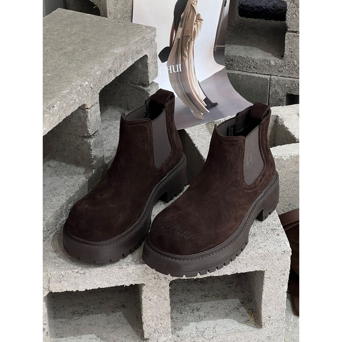 New Autumn Winter Retro Cow Suede Thick-soled Height-increasing Womens Boots