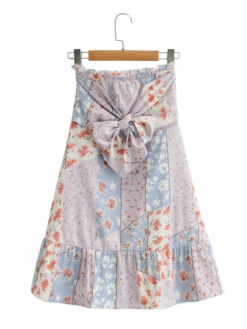 Holiday Style Pleated Bow Ruffle Skirt Printed Pleated Skirt Women