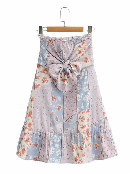 Holiday Style Pleated Bow Ruffle Skirt Printed Pleated Skirt Women