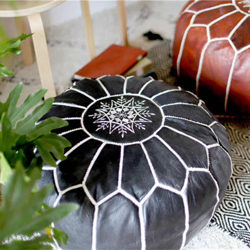 Moroccan Leather Hand-Embroidered Futon
