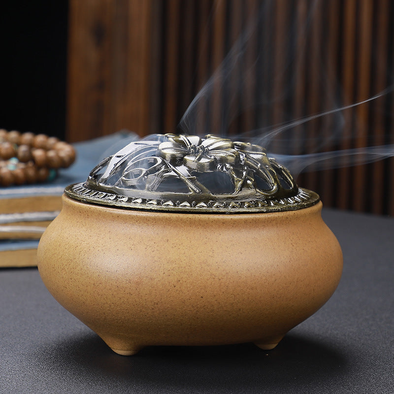 Copper Lid Ceramic Incense Burner, Antique Alloy